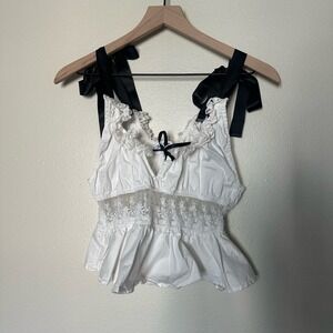 Fairy Coquette Lace Bow Crop Elegant White Tank Top with Black Accents Women's M